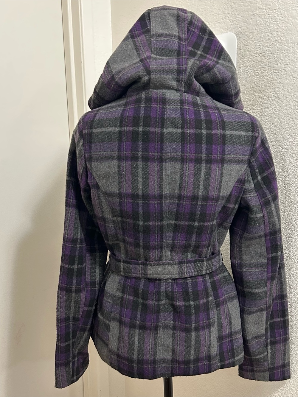 Y2K Dark Academia Goth Purple Plaid Hooded Pea Coat Wool Jacket Small Grunge - Picture 5 of 9